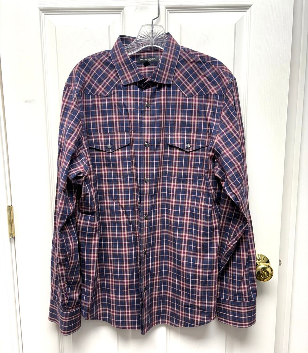 Banana Republic Shirt Western Snap Button Down Red Blue Plaid Slim Mens Size L